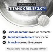 Technologie TITANOX Relief 2.0 — 75 % de contact en moins avec les aliments